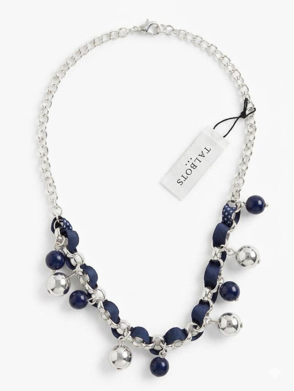 Talbots Navy Blue Ribbon Silver Ball Charm Necklace – Preppy Statement Jewelry